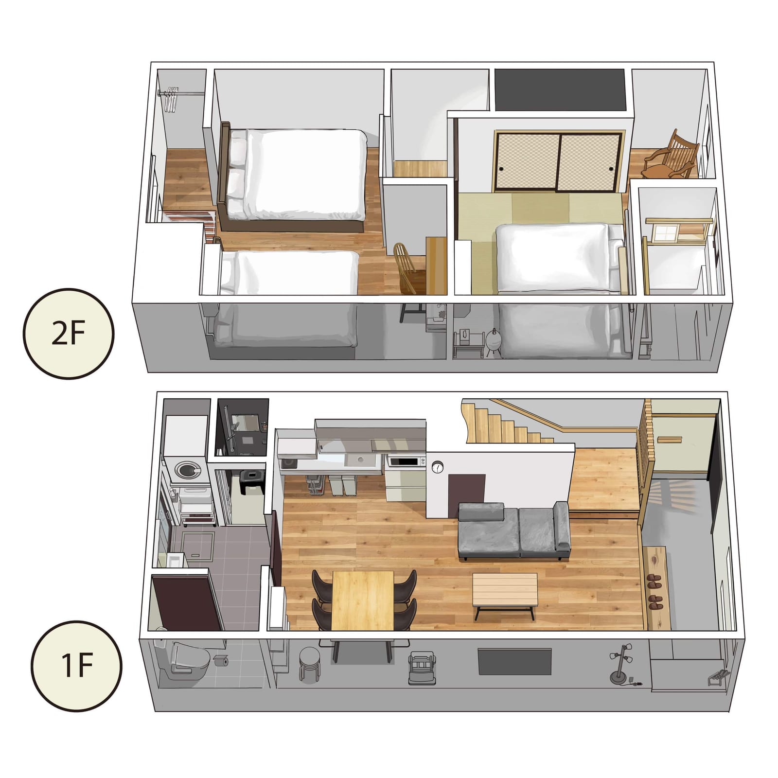 Sunlit House Tsuruhashiの1階・2階の立体間取り図